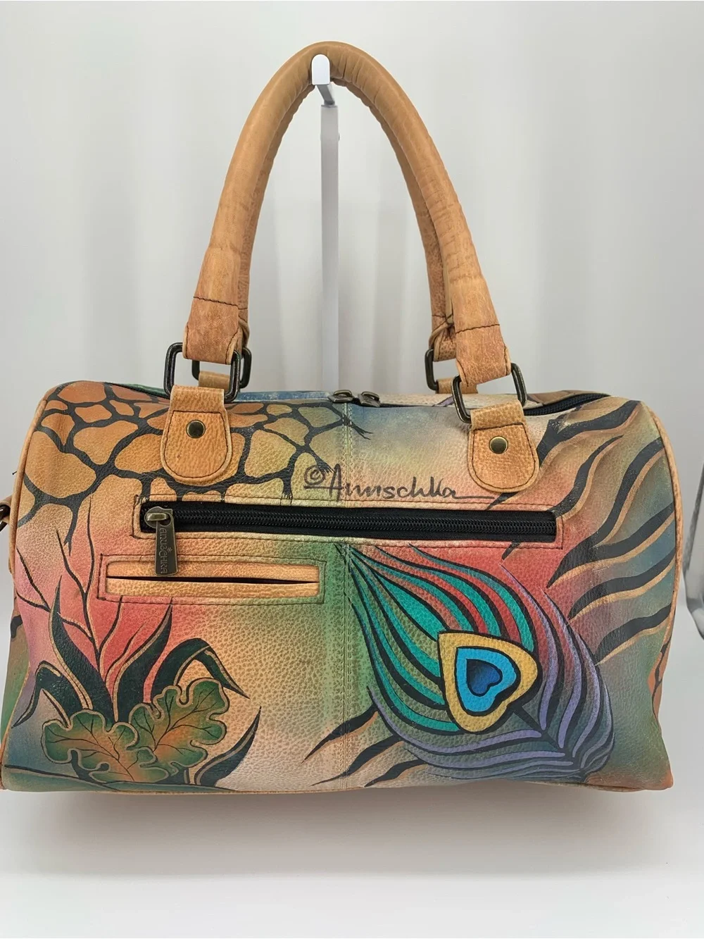 Anuschka Hand Painted Leather Satchel Peacock Feather Botanical Art Crossbody
